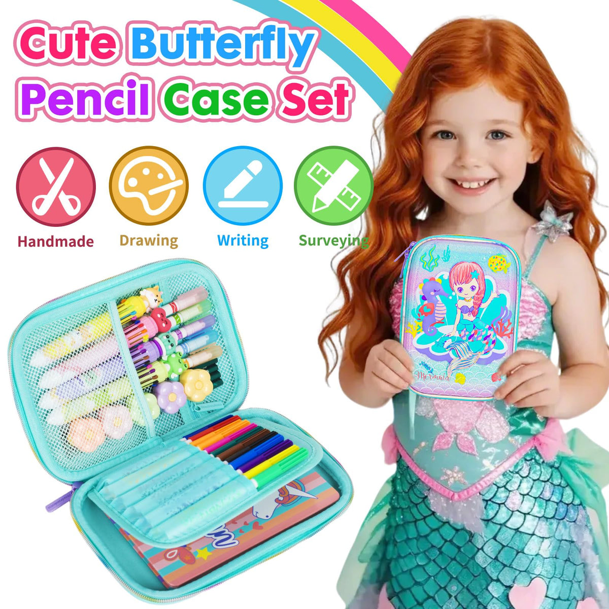 YOYTOO Mermaid Pencil Case Stationery Set for Girls, 3D EVA Big Capacity Cute Pencil Pen Case Bag with Zipper Office College School Storage Bag Pouch Holder Box Organizer