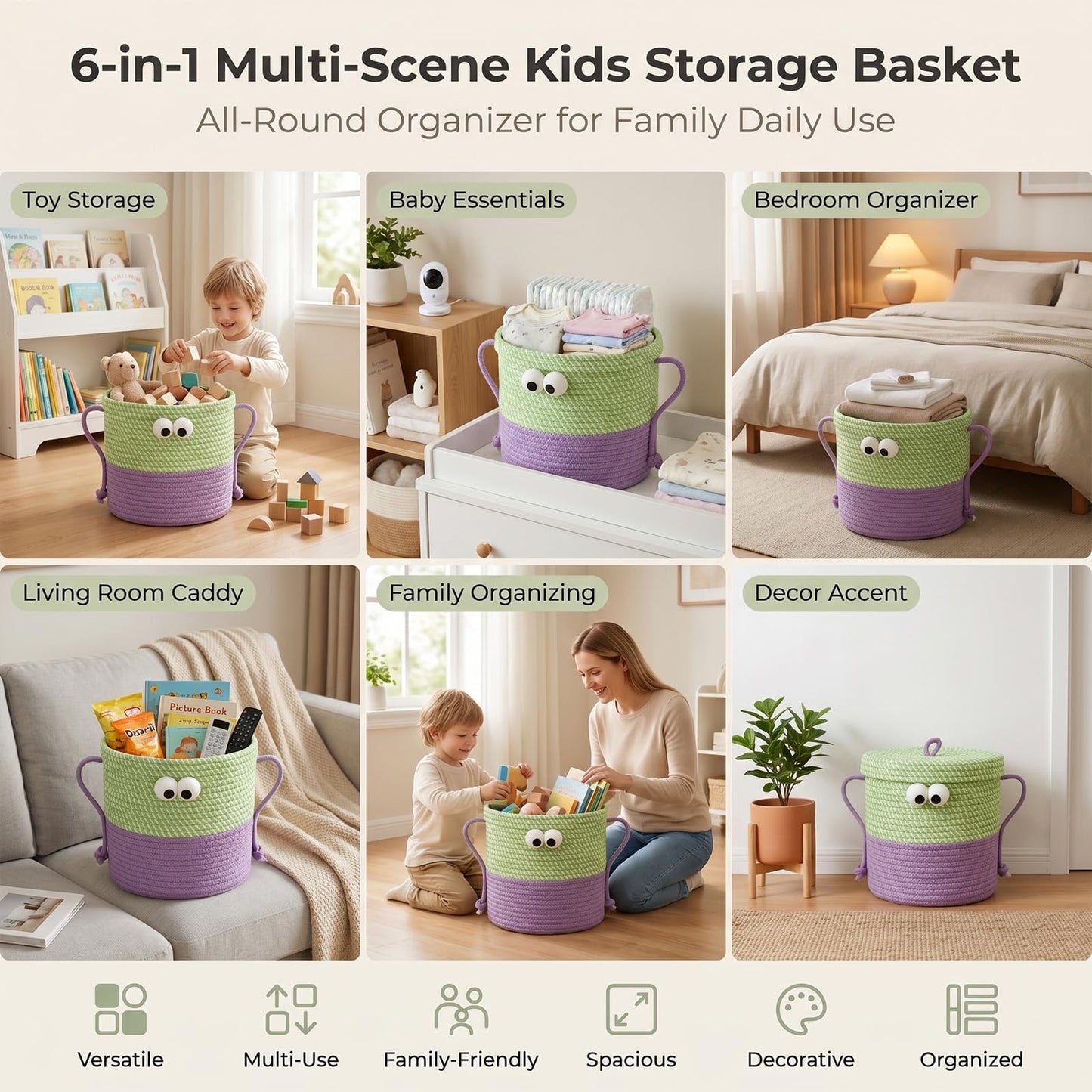 CTESNE Cotton Rope Storage Basket with Lid & Handles, Cute Monster Decor Basket for Nursery, Toys, Diapers, Baby Shower & Easter Gift, 9.8" x 9.8" (Green & Purple)