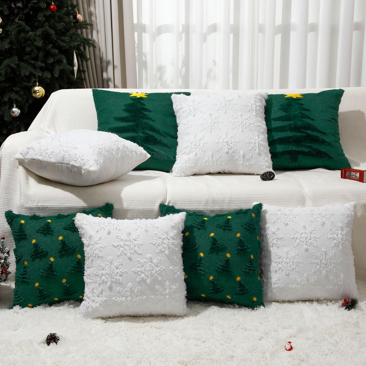 Tudomro 4 Pcs Snowflake Throw Pillow Covers White Winter Pillowcase 3D Embroidered Soft Plush Faux Fur Pillow Covers Winter Modern Home Decorative for Sofa Couch Bed(20 x 20 Inches)