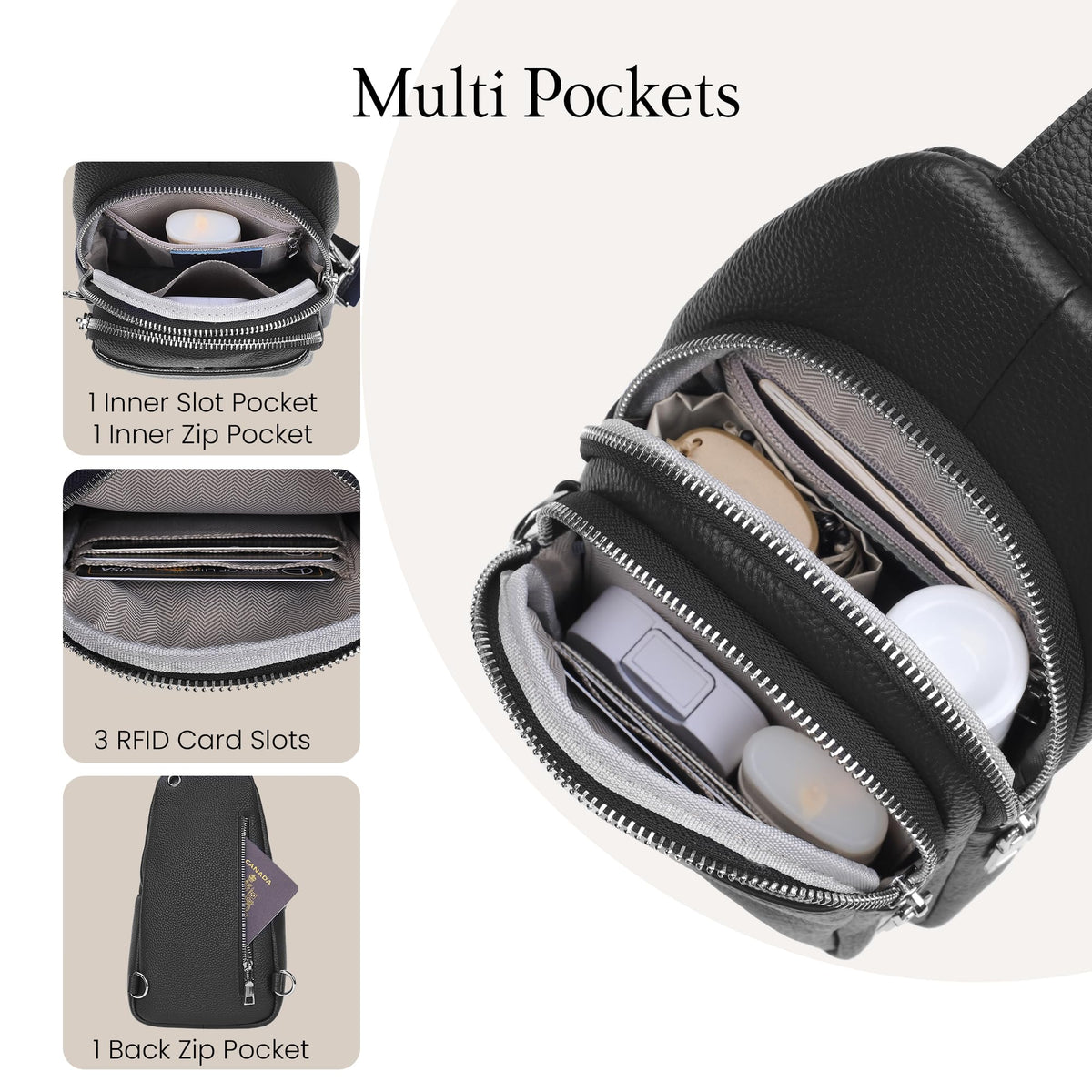 befen Black Genuine Leather Small Sling Bag for Women Anti-Theft Crossbody Bags Fanny Packs Chest Bag for Travel with RFID Blocking Card Slots