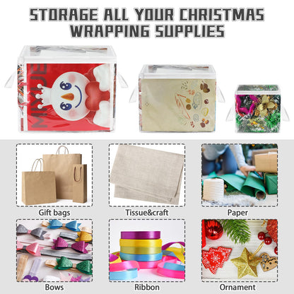 3 Pack Clear Zippered Gift Bag Storage Organizer with Handles,Organize Your Gift Wrap,Tissue Paper, Tape,Bow, Ribbon,Card,Ornament-Christmas Wrapping Supplies Storage Bag-3 Different Sizes（L+M+S)
