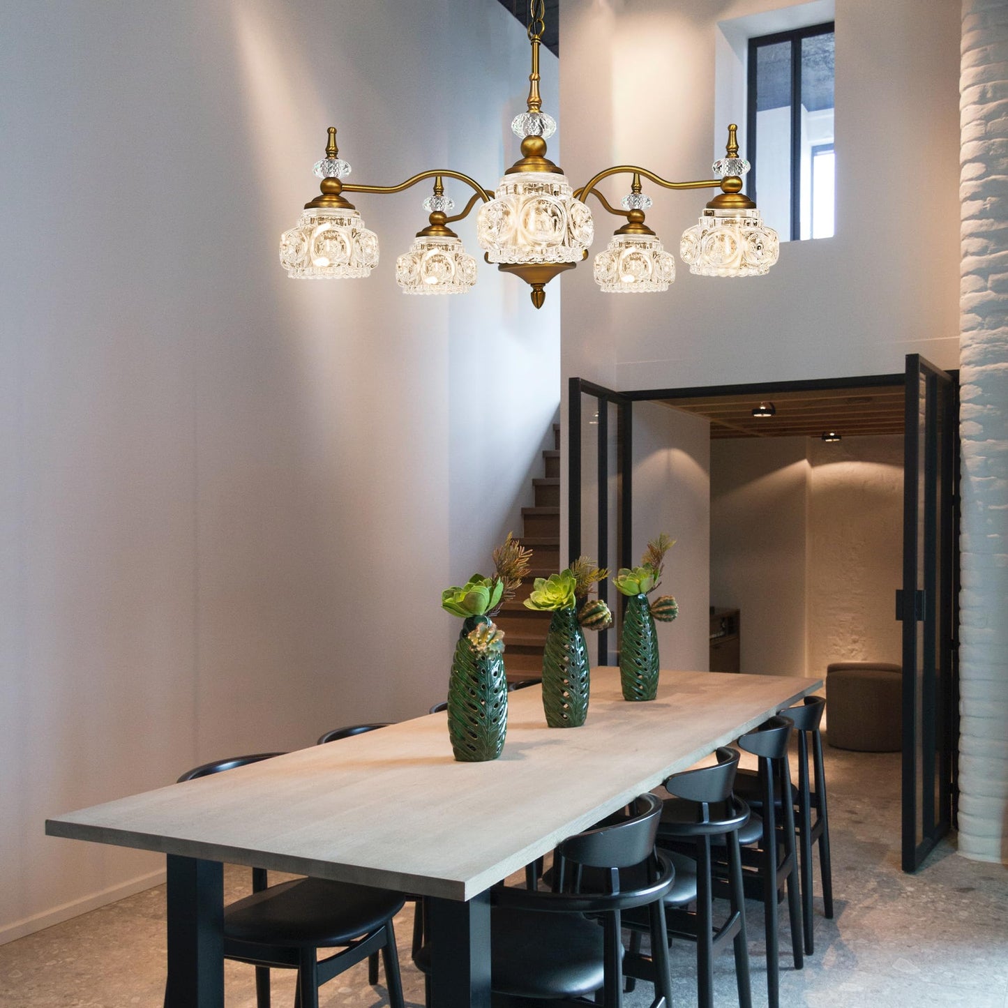 Montex Brass Pendant Light Fixture, Gold Vintage Chandelier Light Fixture 5 Lights, Include 6 Light Bulbs Glass Pendant Light Crystal Hanging Light