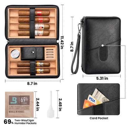 Cigar Humidor, Leather Cedar Wood Cigar Case with Multi-Functional，Hygrometer,Humidifier, Portable Cigar humidor,Carry Strap,Travel humidor Cigar Box, Cigar Gift for man.