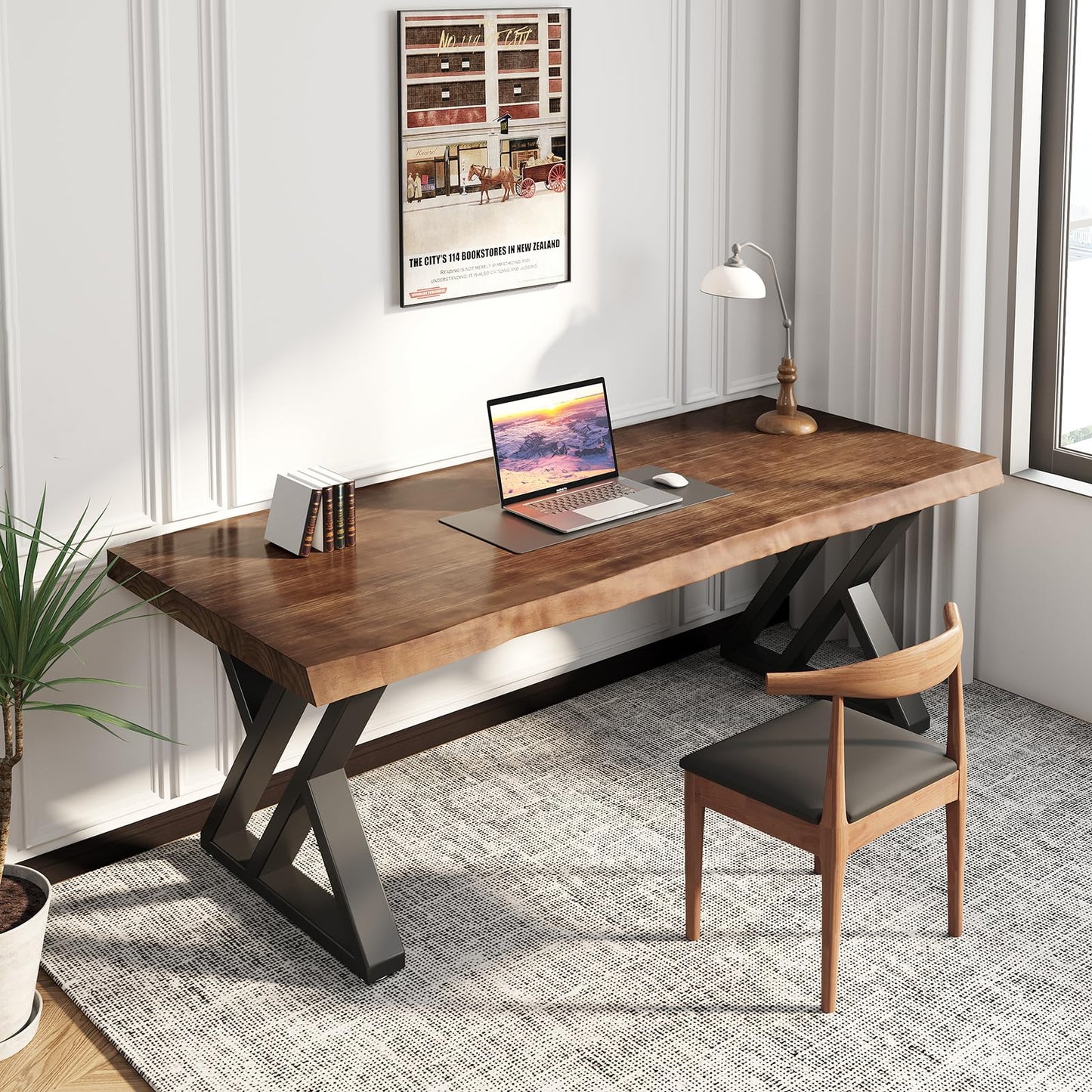 SXXjiaju Solid Wood Desk 55 inches, Home Office Computer Desk Wooden Rustic Writing Desk Metal Modern Simple Design Executive Real Wood Desk(Rustic Brown)
