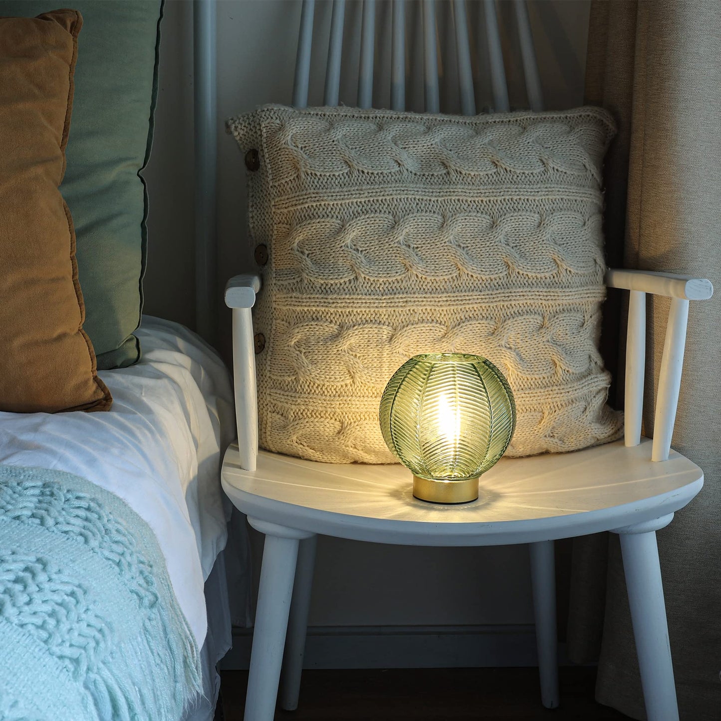 LUSHARBOR Battery Operated Lamp with Timer, Decorative Green Glass Table Lamp Cordless, Small Ambient Lamp for Bedside Bedroom Living Room Decor -Green