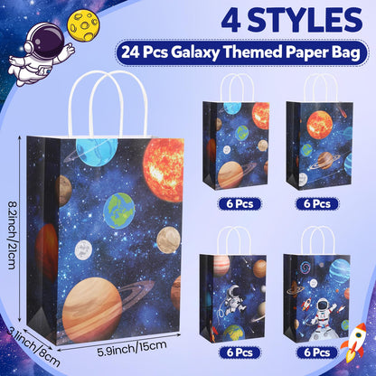 Gaillty 24 Pcs Outer Space Party Favor Bags Galaxy Goodie Gift Bags with Handles Kraft Paper Solar Treat Candy Totes for Astronaut Science Themed Birthday Party Supplies Decorations