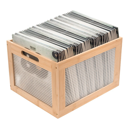 MinBoo Vinyl Record Storage Crate - Holds 80+ LP Albums, 12-Inch Record Organizer Box with Acrylic & Bamboo, Sturdy Wooden Cube for Home, Office - 13.7''L x 16.5''W x 10.2''H, Anti-Slip Base，Brown