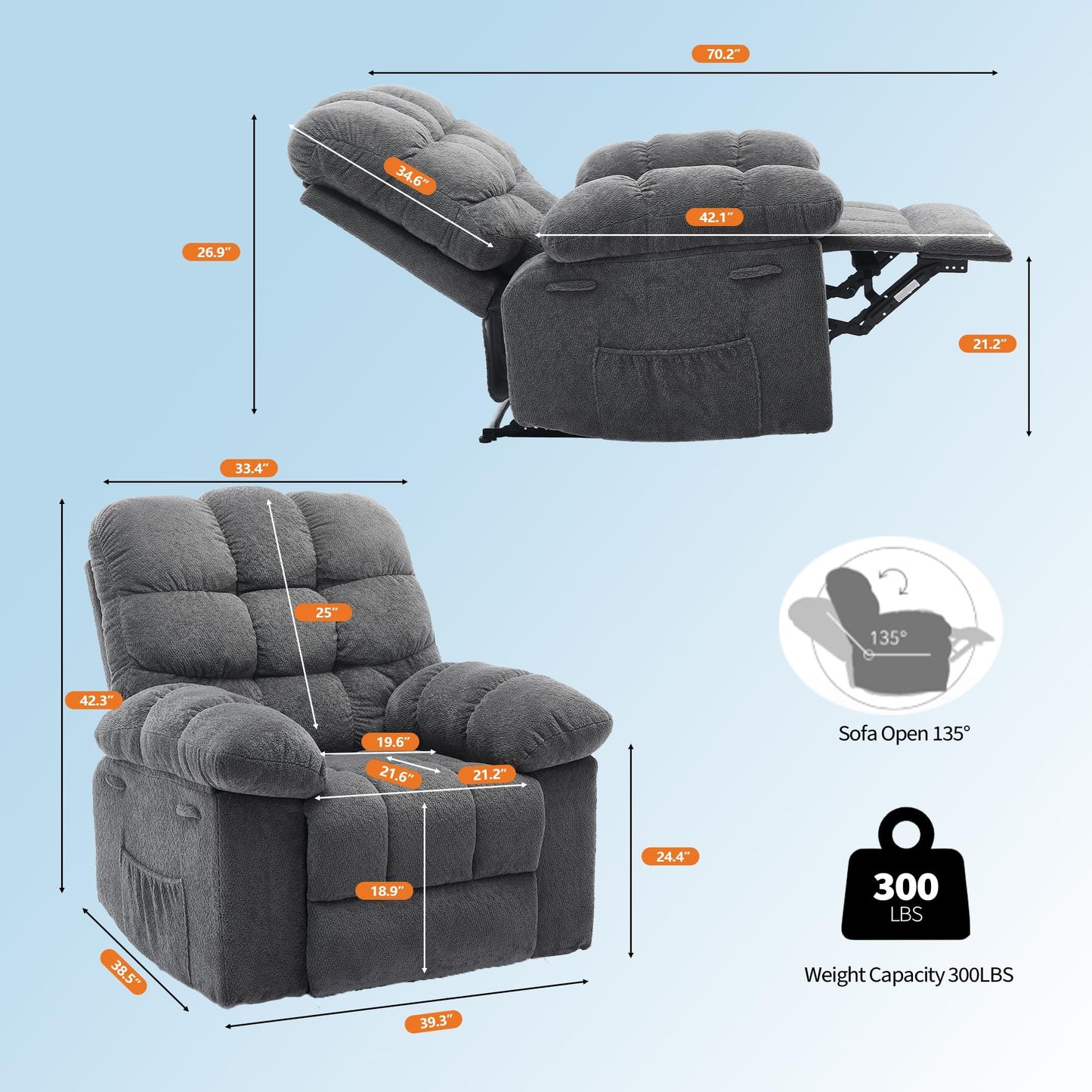 Massage & Heating Recliner Chair for Adults, 150° Manual Oversized Recliner with Extra Wide Plush Seat, Overstuffed Comfortable Single Sofa for Living Room Bedroom Home Theater for Relaxation