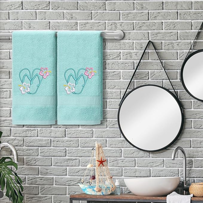 2 Pcs Flip Flops Hand Towels Mint Green Bathroom Decor 14x29 Inch Embroidered