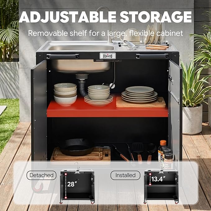 Outdoor Kitchen Island with Stainless Steel Sink and Storage Cabinet, 35-Inch BBQ Prep Station with Faucet & Lockable Wheels for Patio, Backyard, and Outdoor Cooking, Black & Silver