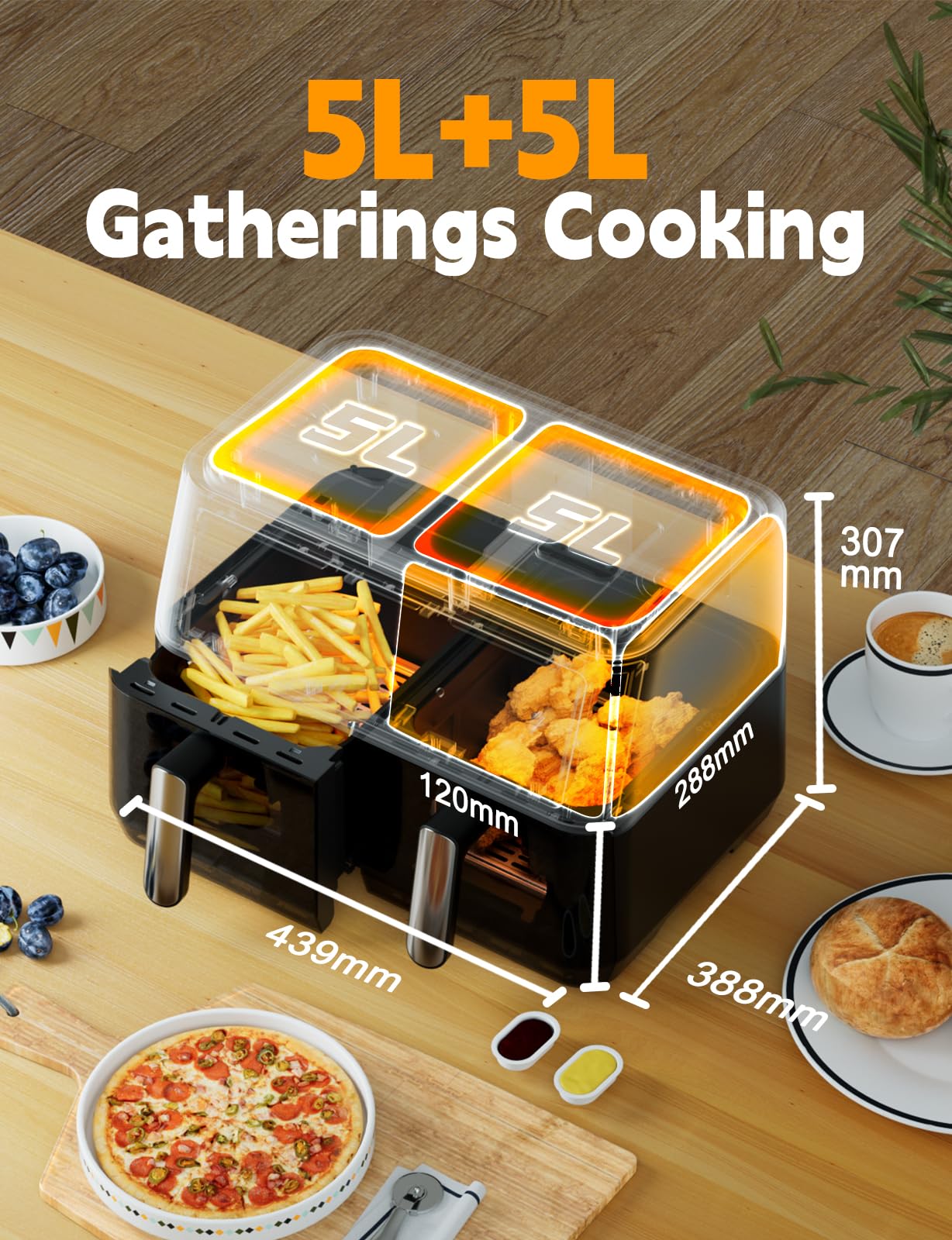 10L Dual Air Fryer, 2 Nonstick Drawers with Visible Window,10-In-1 Cooking Presets, Sync Cook & Finish, Smart Touch Screen, 1-24H Timer Function, Uses No Oil& Max Crisp, 50℃ to 200℃, Dishwasher Safe