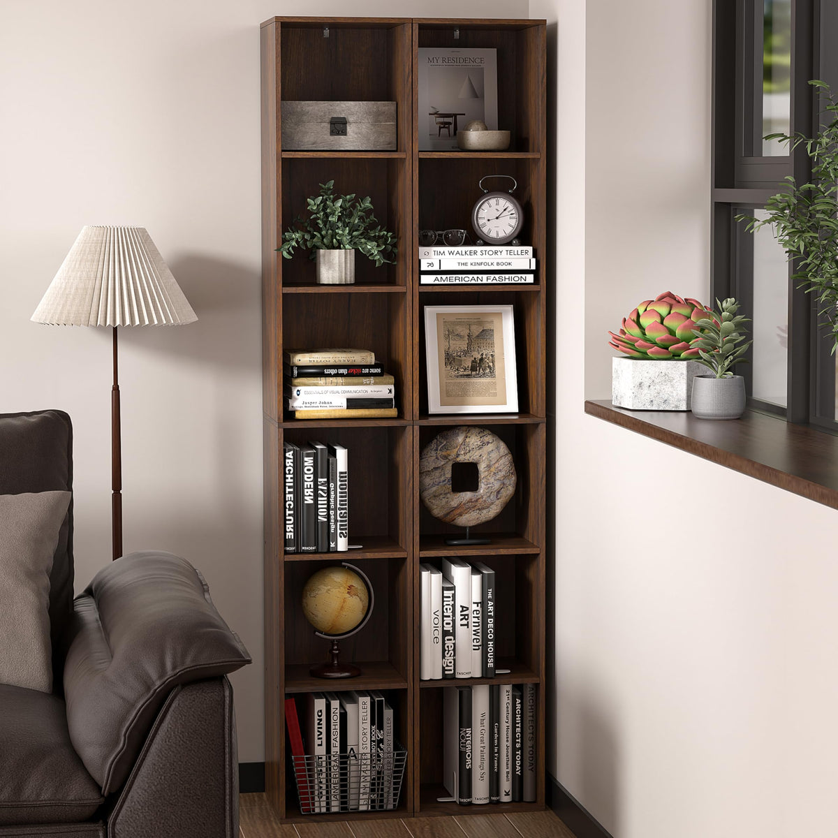 NewBeth 6 Cube Storage Organizer, Narrow Open Shelf Bookcase, Freestanding 6 Tier Low Display Bookshelf for Home Office, Living Room, Bedroom, Dark Brown & Black Walnut