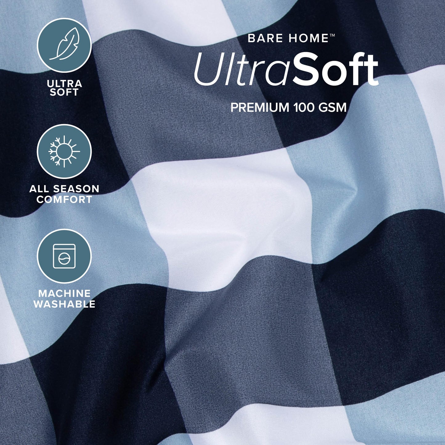 Bare Home Queen Sheet Set - Luxury 1800 Ultra-Soft Microfiber Double Brushed - Deep Pockets - Easy Fit - 4 Piece Set - Bedding Sheets & Pillowcases (Queen, Gingham Blue)