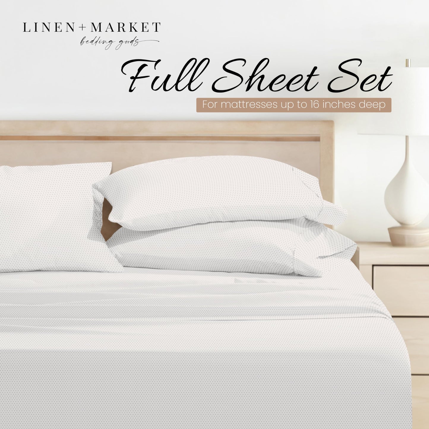 Linen Market Double-Brushed Patterned Microfiber Full Sheet Set 4 Piece – Oeko-TEX Certified Ultra Soft & Wrinkle-Free - 16" Deep Pocket Sheets - Easy Care Full Size - Stippled Light Gray