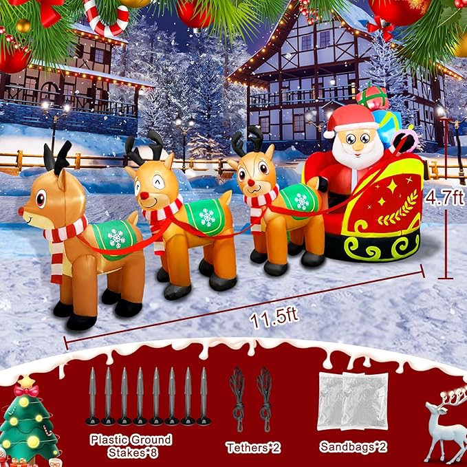 Giant Inflatable Outdoor Decoration Santa Claus on Sleigh with 3 Reindeer, Built-in LED Light, Christmas Decorations for Lawn Party Holiday