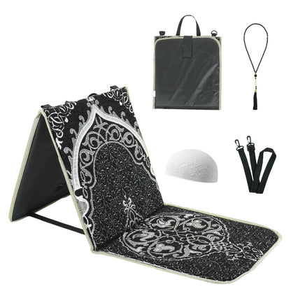 Qianliniuinc Portable Prayer Mat, Foldable Prayer Rug with Backrest, 36x78cm Islamic Prayer Mat, Includes Kufi Hat & 99 Beads Tasbih, Meditation Rug for Muslim, Ramadan Gift Set (Black)