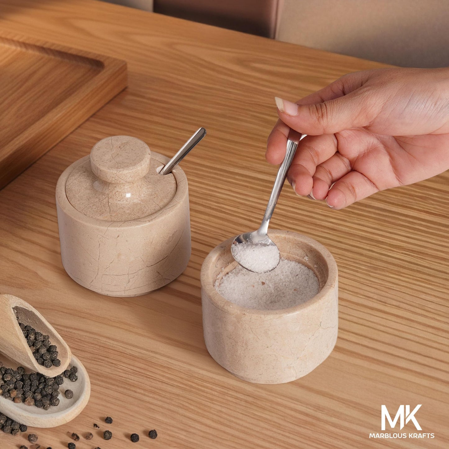 MARBLOUS KRAFTS Marble Salt Cellar 3" Inch Verona Stone Salt Container, Ideal Set of 2 Coffee Storage Container Kitchen Countertop, Candy Jars with Lids and Spoons, Spice Storage