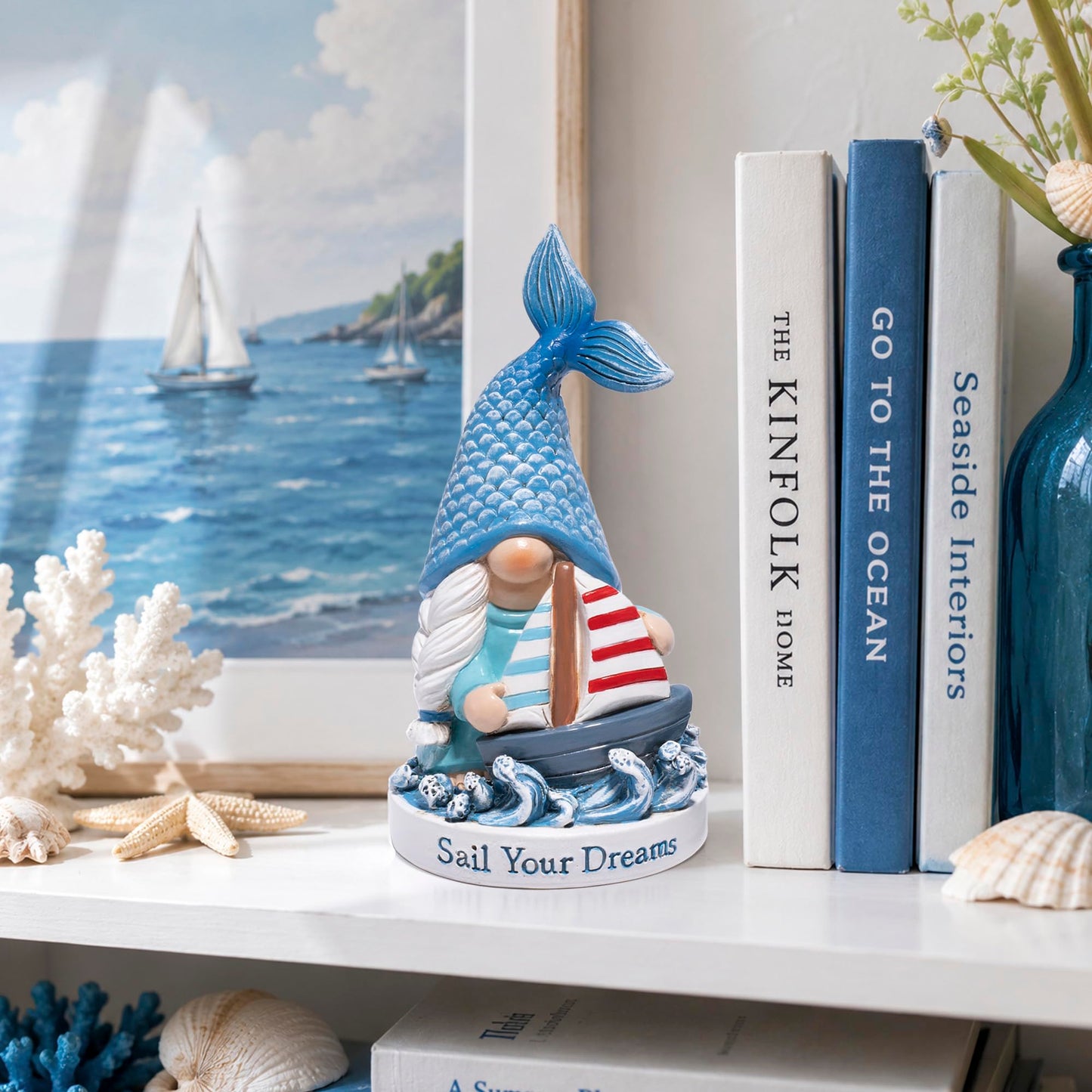 Hodao Ocean Gnome Coastal Decor Figurines Set – Nautical Beach Elf Statues with Sailboat Anchor Helm, Summer Coastal Home Decorations Gift for Bathroom Office Desk Shelf (Blue-Sailboat)