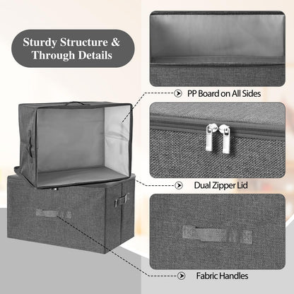 ANMINY 3PCS Storage Bins with Zipper Lids 13 Qt Lidded Fabric Storage Boxes Baskets Cubes with Handles Collapsible Washable Cotton Linen Closet Shelf Clothes Organizer Containers - Gray, Small