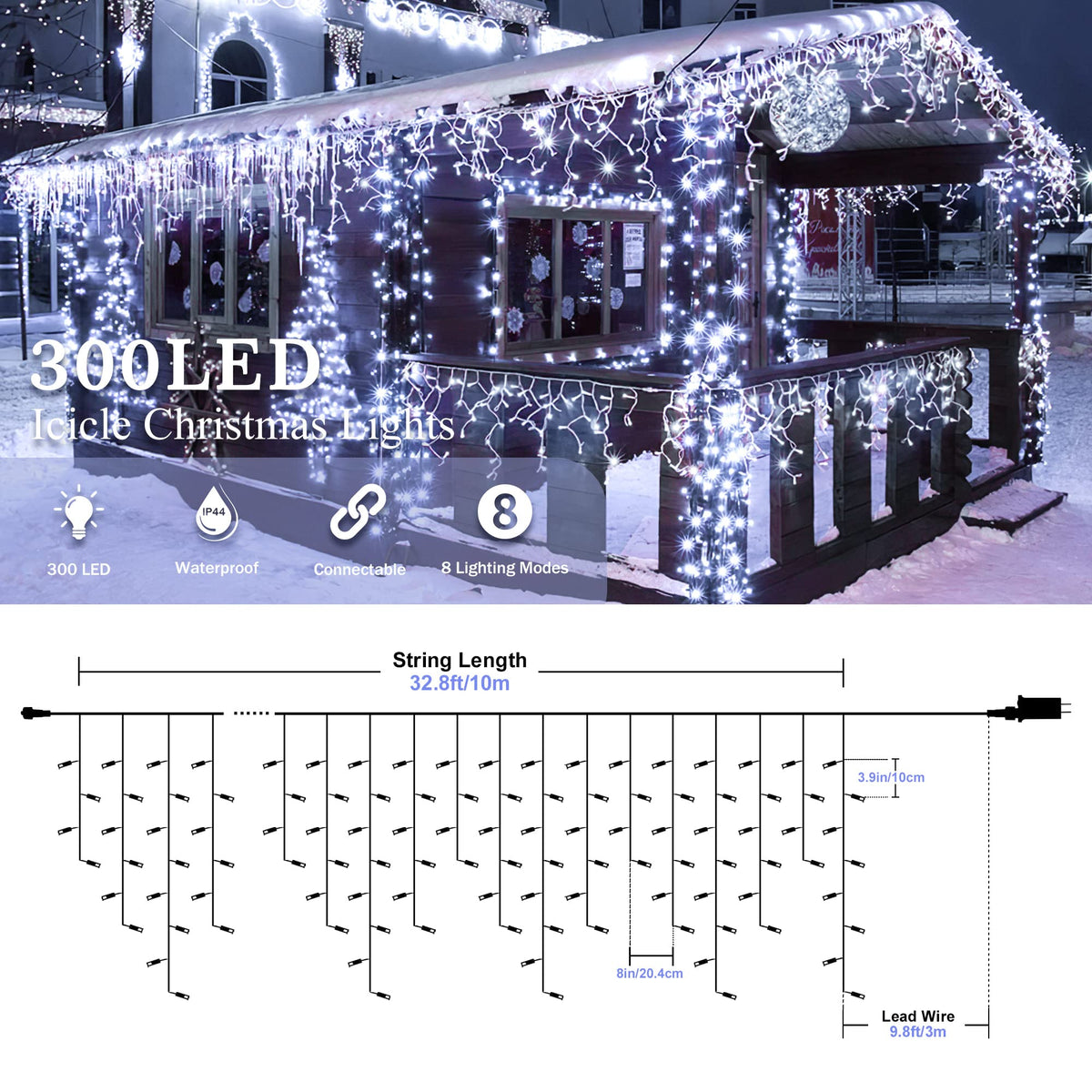 oopswow Icicle Lights Outdoor Decorations 300 LED 33ft 8 Modes Curtain Fairy String Light with 50 Drops, LED String Light Indoor for Wedding Party Holiday Christmas Decorations,White