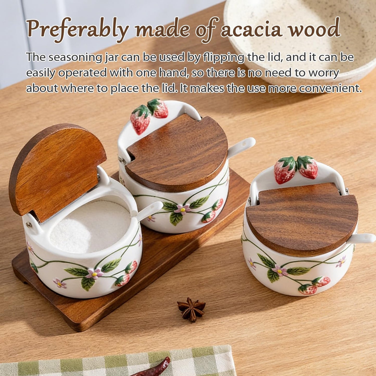 Salt Cellar, 13.5 oz Ceramic Salt Cellar with Lid and Spoon - Strawberry 3D Relief Design Seasoning Jar with Acacia Wood Lid, Suitable for Salt, Sugar, Pepper - Kitchen Countertop Storage Container
