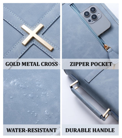 Vegan Leather Bible Cover Case, Bible Bag with Phone Pocket, Bible Case for Women, Christian Gift Box Packaging (Light Blue)