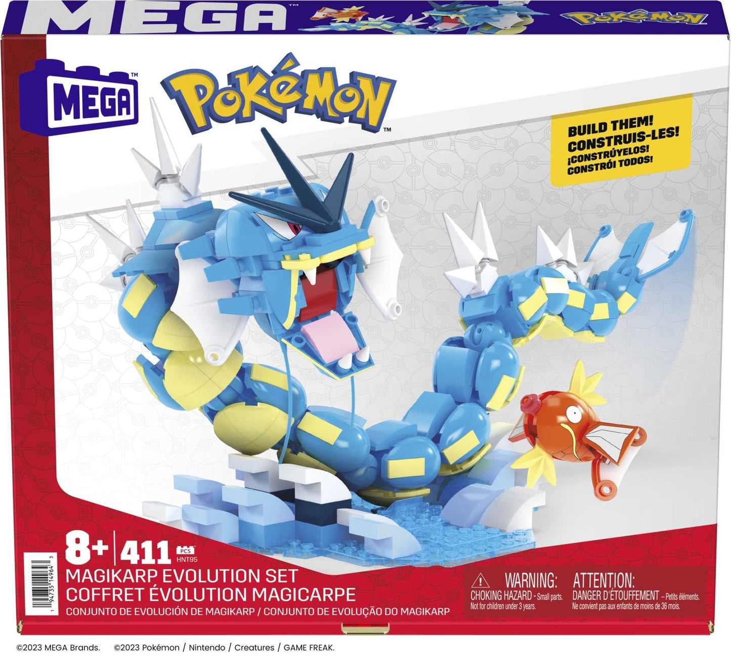 MEGA Pokémon Action Figure Building Toys Set for Kids, Magikarp Evolution Set with 411 Pieces, Buildable and Poseable Gyarados, 20 inches, HNT95