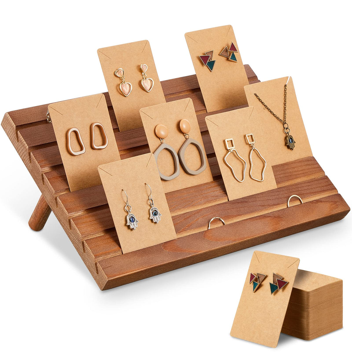 Blulu 31 Pack Wooden Earring Display Stand 7 Slots jewelry Display Holder with Earring Card for Selling Vendors Retail Show(Light Brown)