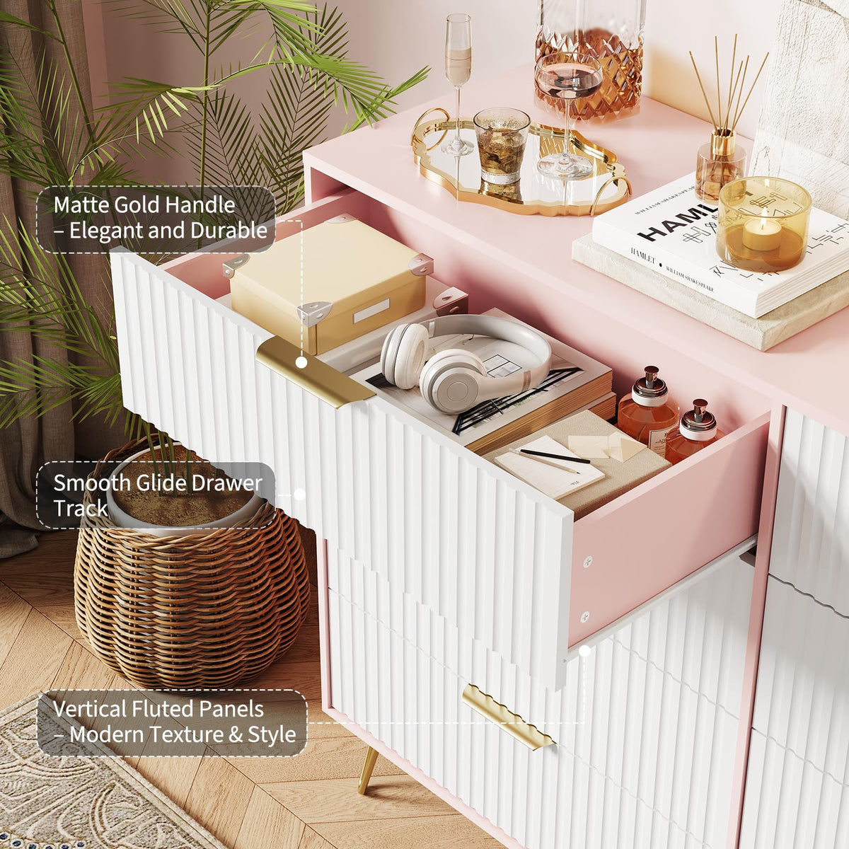 GarveeHome Fluted Dresser for Bedroom with 8 Drawers,55" Wide Modern Chest of Wooden Bedroom Chest with Metal Handle,Clothes Storage Organizer,Dresser & TV Stand for Living Room,PIink