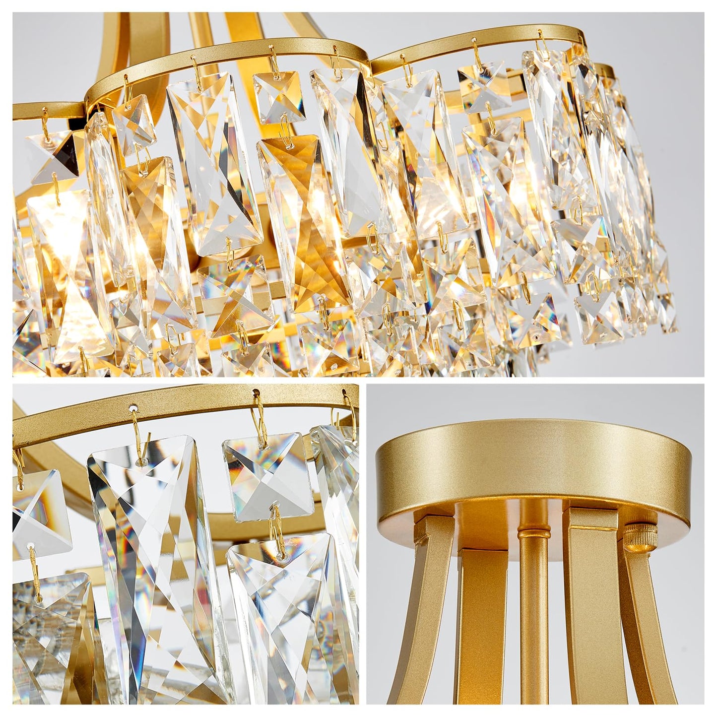 WUZUPS Crystal Chandelier Semi-Flushmount Ceiling Light Modern Lighting Fixture for Bedroom Hallway Entry Kitchen Bathroom, H 19.3" x W 18.3", E12 Base, Gold