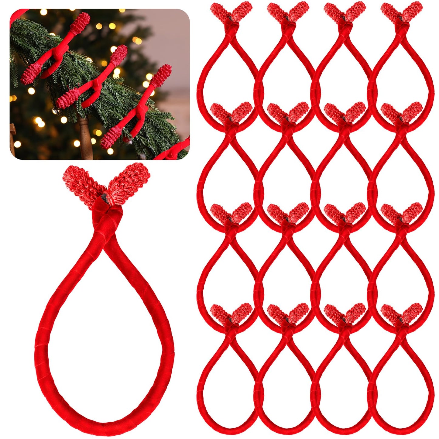 Jutom 16 Pcs 20 Inches Christmas Velvet Garland Ties Decorative Banister Twist Ties Reusable and Flexible for Xmas Light Banisters Home Stairways Railings Decoration(Red)