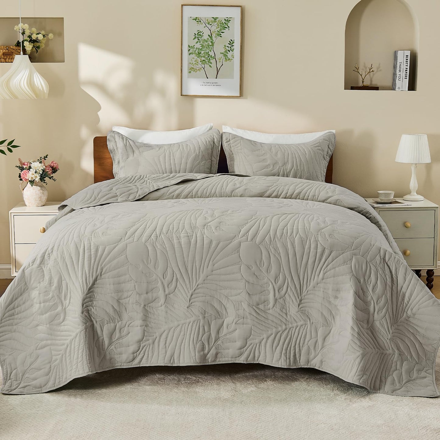 DaisyHuang Quilt Set Queen Size -Leaves Pattern Stitching Quilt Set - Elegant & Fresh Style Bedding Coverlets, Ultrasonic Quilting, Reversible, Lightweight, 4 Piece, Taupe