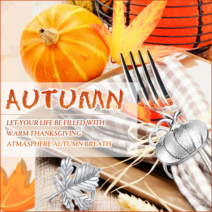 Patelai 12 Pieces Thanksgiving Napkin Ring Set Pumpkin Maple Leaf Fall Leaf Rings Halloween Napkin Holders Ring Kit for Thanksgiving Halloween(Maple and Pumpkin,Silver)