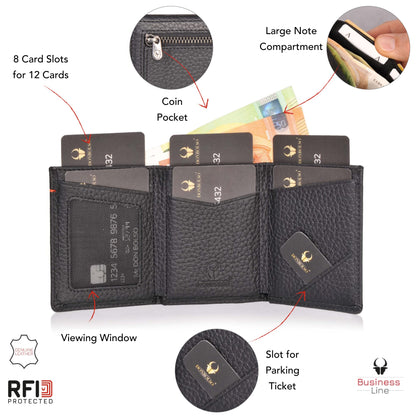 DONBOLSO Wallet 2 I Slim Wallet with Coin Pocket and RFID Protection I 8 Card Slots for up to 12 Cards I I Genuine Leather Credit Card Holder for Men and Women I Black Grained Nappa
