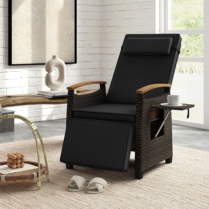 RELAX4LIFE Rattan Outdoor Recliner Chair - Wicker Chaise Lounge Chair w/Adjustable Back & Footrest, Acacia Wood Armrests, Flip Side Table, Cushion, Reclining Patio Chair for Pool Yard (1, Black)