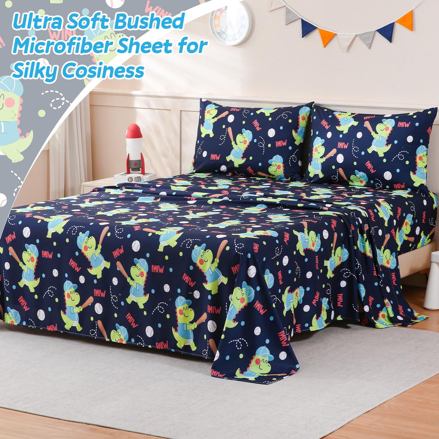 ChicView Full Sheet Set Kids,4 Pieces Breathable Soft Microfiber Bedsheets for Child Boys Girls, Anti Pilling Deep Pockets Easy Care Bed Sheets, Dino