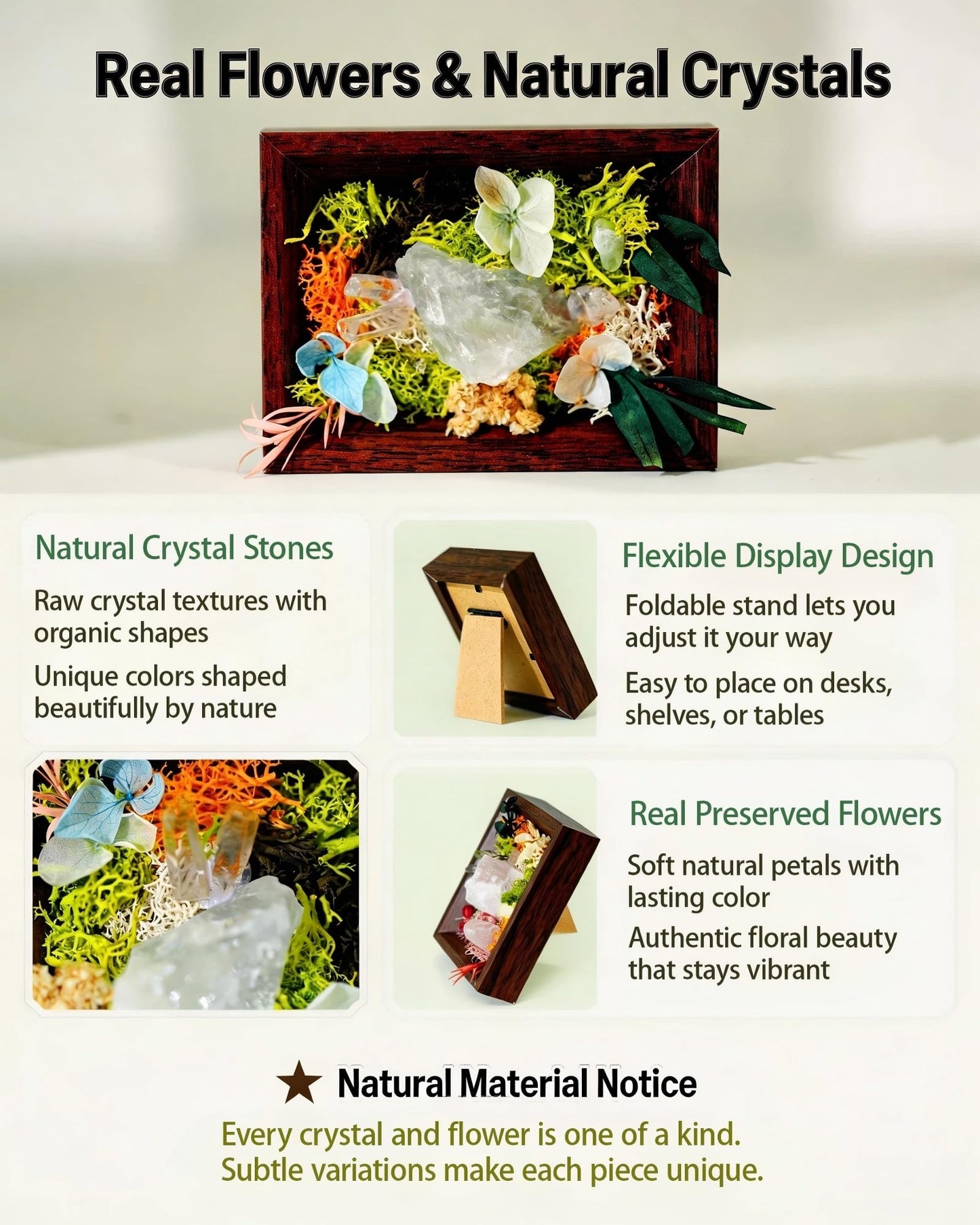 Natural Amethyst Crystal Wooden Frame Display with Preserved Flowers, Home Protection Healing Stones Decor Set, Purple Clear Pink,Housewarming Gift (White)