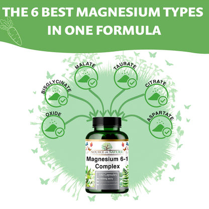Magnesium 6-1 Complex 1500 mg Daily | 400 mg Elemental Magnesium | Oxide, Bisglycinate, Malate, Taurate, Citrate & Aspartate | 180 Vegan Capsules | High Strength & Bioavailable