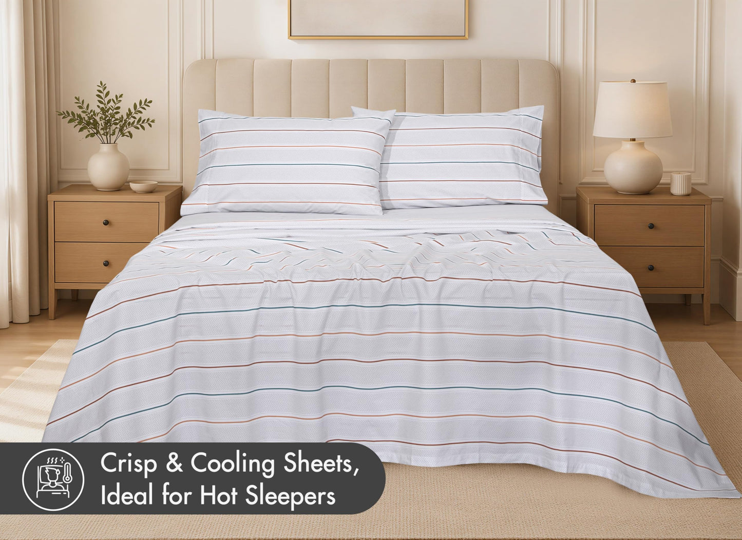 RUVANTI 100% Cotton Percale Sheets Full Size – Crisp Cooling Bed Sheets for Hot Sleepers, Deep Pocket 16”, Soft Breathable & Durable Hotel-Style 4 Piece Set, Chevron Twill Stripe