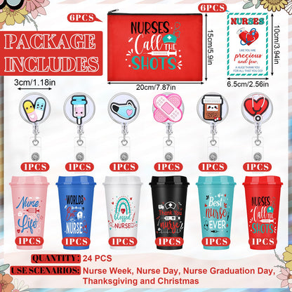 Skylety 24 Pcs Nurse Appreciation Gifts Bulk Christmas Nurse Gift Set for Women with 6 Coffee Cups 6 Badge Reels Clips 6 Makeup Bag 6 Greeting Cards for Lpn Rn Practitioner Gifts Bulk