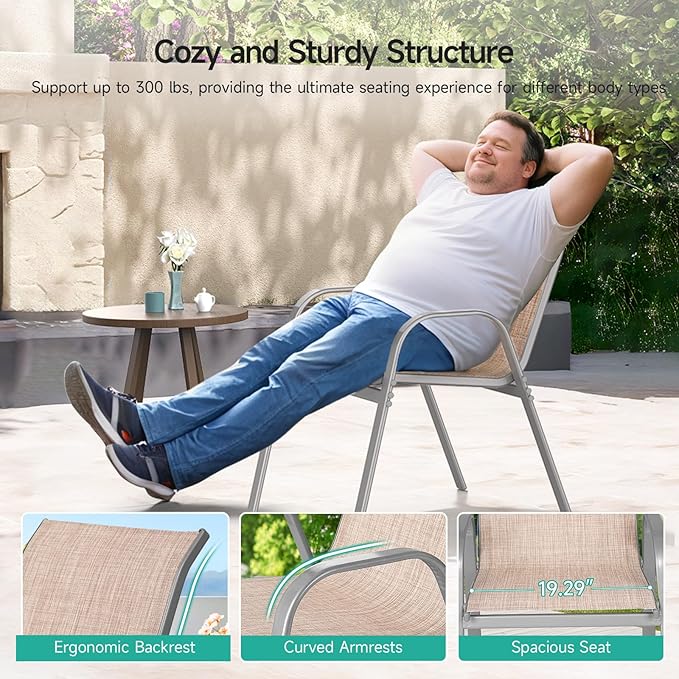 Patio Chairs Sset of 4, Easily Set Up Stackable Outdoor Dining Chairs with High Back and Wide Seat, All Weather Breathable Outdoor Chairs Set of 4 with Metal Frame for Backyard Deck Pool, Beige