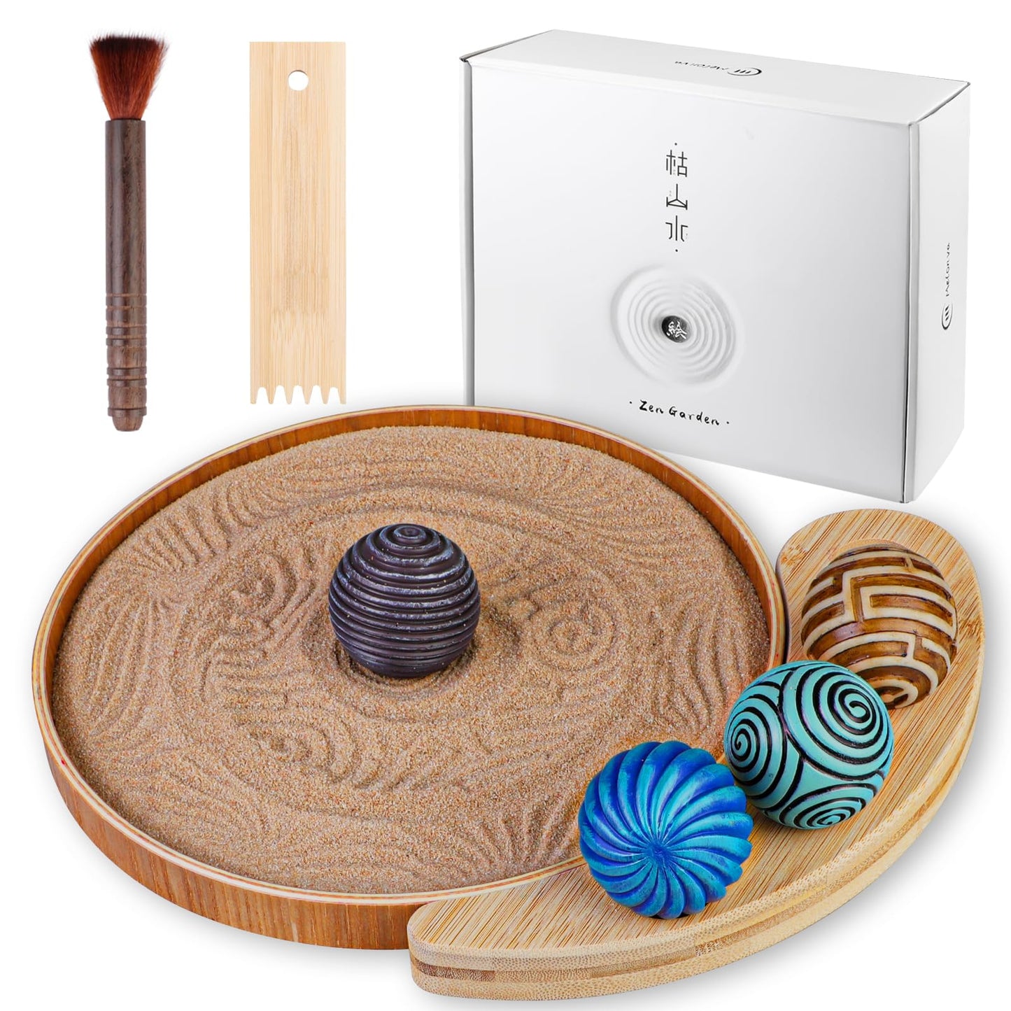 Melonva Mini Zen Garden for Desk - 9.5''x9.5'' Automatic Desk Sand Tray Therapy Kit with 4 Stamp Spheres