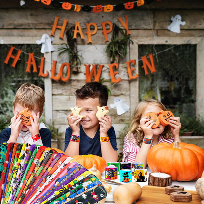 LUYI 144 PCS Halloween Slap Bracelets，Halloween Party Favors Supplies for Kids-108 Different Designs Bracelets Bulk for Halloween Decorations Treat Toys Bag Stuffers Gift for Kids Girls Boys