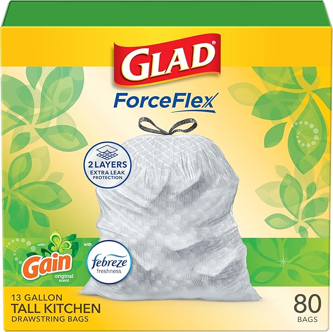 Glad ForceFlex Tall Kitchen Drawstring Trash Bags, 13 Gal, Gain Original