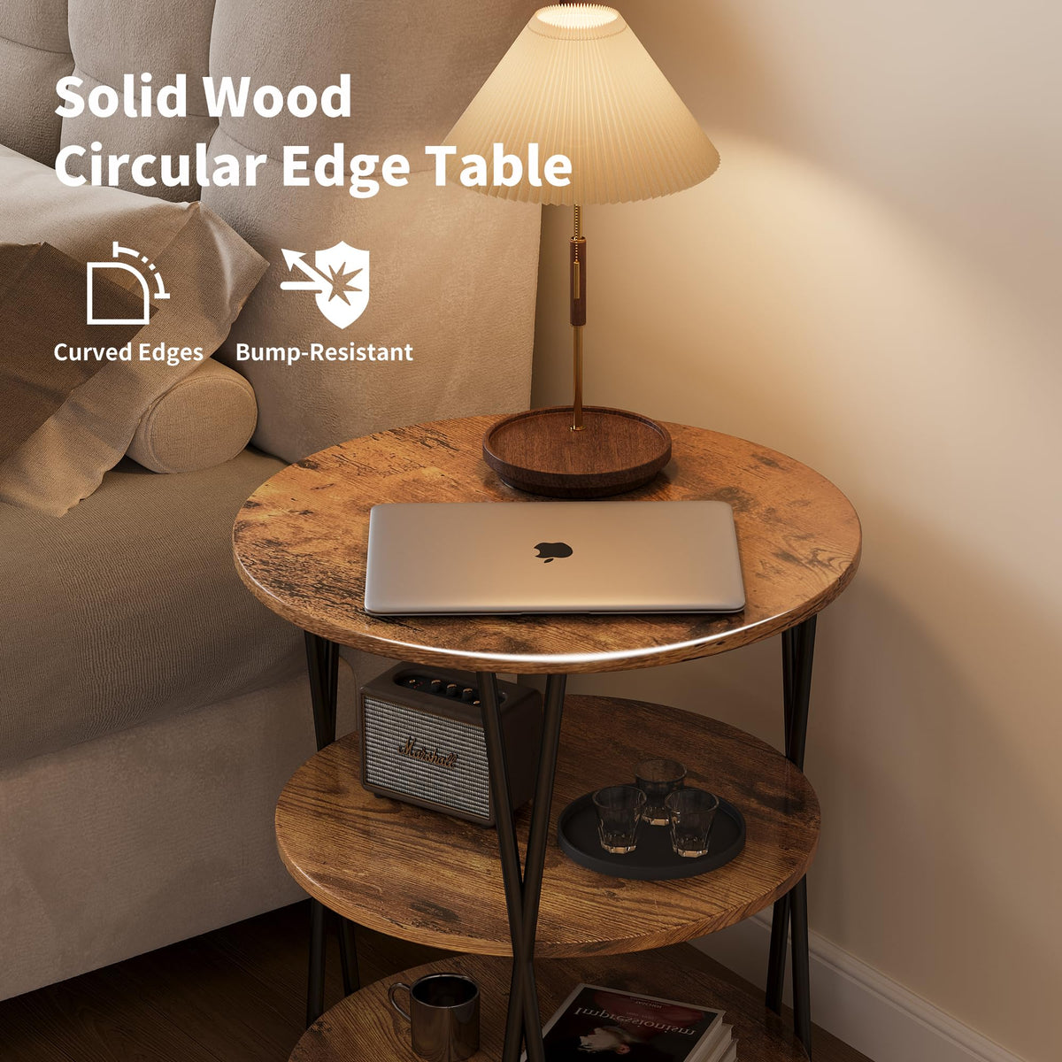 Lumbershed 23 Inch Round Side Table 3-Tier End Table Living Room Small Patio Table Nightstands Round Coffee Table Spacious Top for Couch Bedroom 3 Storage Shelves Accent Coffee Table, Rustic Brown