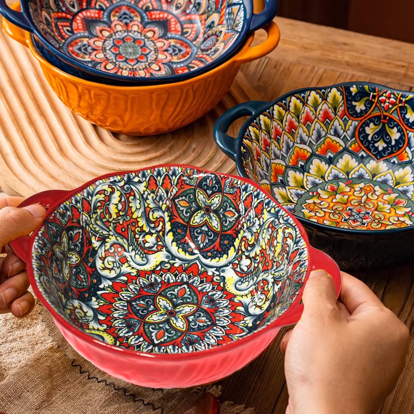 Ronanemon Bohemia Large Bowls with Handle, 40 oz Ceramic Soup Bowl for Salad, Pasta, Cereal,Fruit, Udon, Microwave & Dishwasher Safe (Blue)