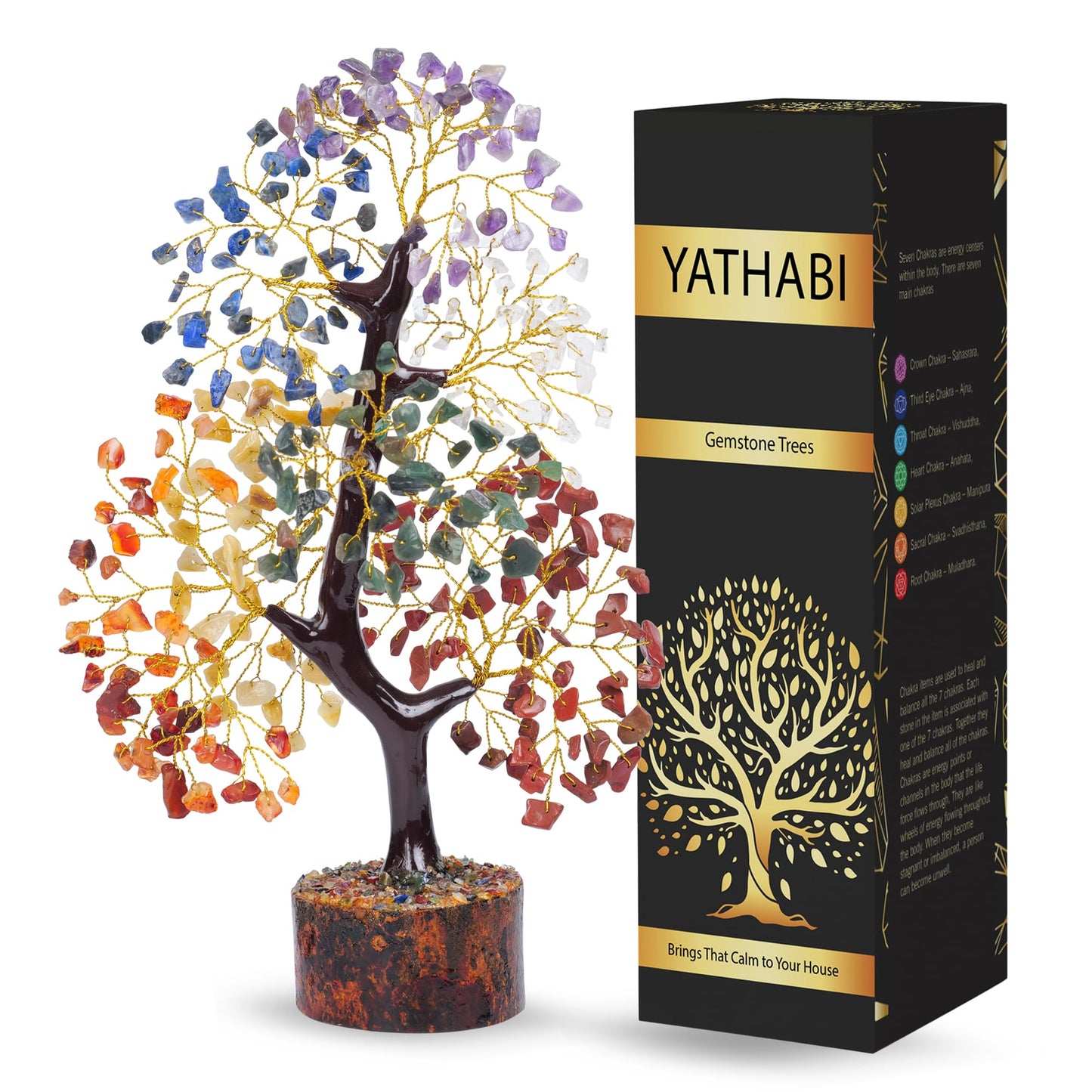 YATHABI 7 Chakra Tree of Life Decor - Crystal Tree - Feng Shui Decor - Crystal Bonsai Tree - Gem Tree - Gemstone and Crystals - Spiritual Tree - Chakra Stones - Crystal Gifts - Birthday Gift for Women