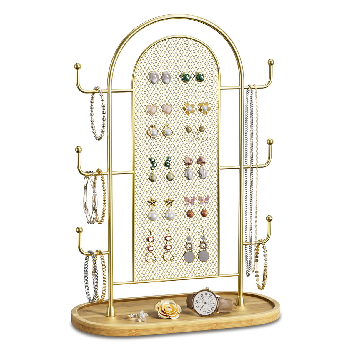 bussdis Jewelry Holder Organizer Earring Display - Earring Storage Tree Stands Towers With 6 Hooks 300 Studs Wood Tray Gold Metal Rack