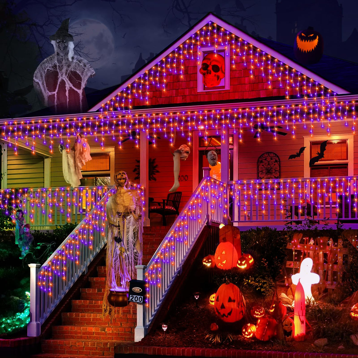 KNONEW 99FT 1216 LED Halloween Lights Decortation Orange Purple String Lights Outdoor with 228 Drops, 8 Lighting Modes, Timer Memory Function Hanging Curtain Lights for Halloween Party Decor