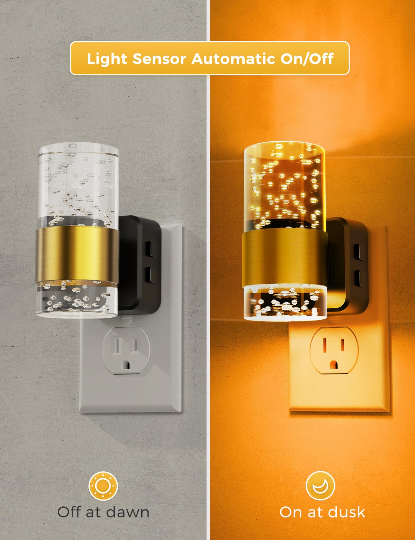 Night lights plug into wall, Color Changing Night Light with Rotatable Plug, Dusk to Dawn Light Sensor and Adjustable Brightness, Elegant Design Night Light for Kids Bedroom,Bathroom, 2 Pack